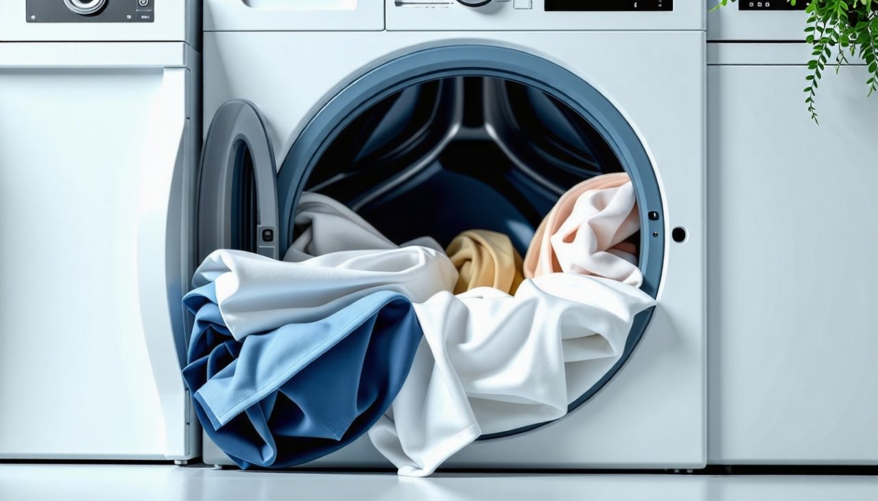 Une machine &agrave; laver moderne en int&eacute;rieur lumineux, remplie de v&ecirc;tements fra&icirc;chement lav&eacute;s, cr&eacute;ant une ambiance chaleureuse avec des couleurs douces.