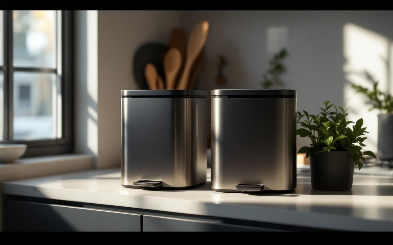 Cuisine moderne avec deux poubelles de cuisine côte à côte près du plan de travail : une à pédale et une automatique.