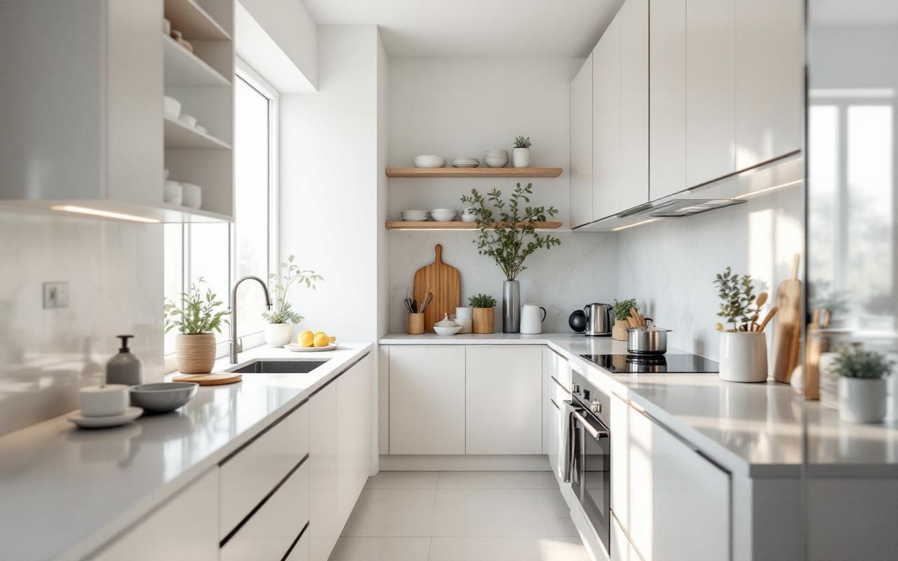 Cuisine moderne et lumineuse avec rangements intégrés, évier, plan de travail épuré et équipements harmonieux.