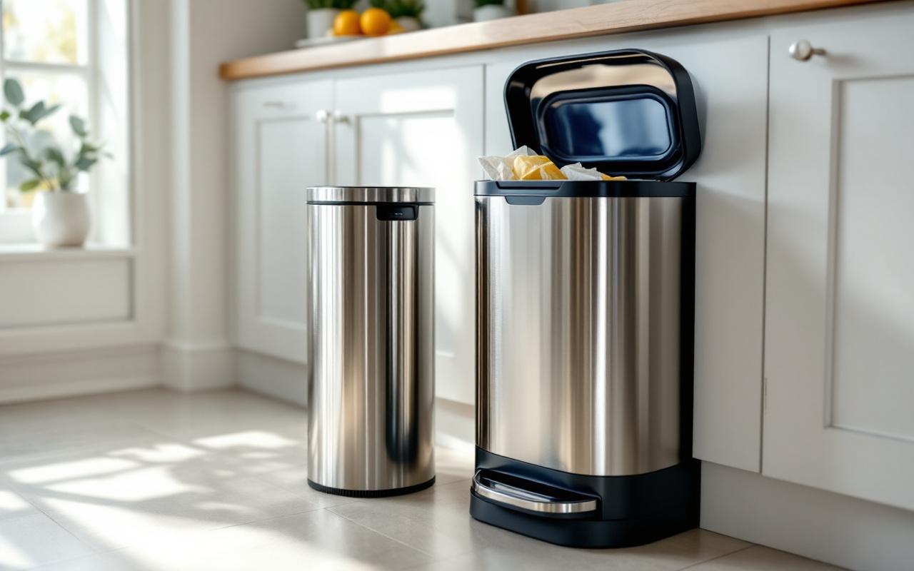 Gros plan sur une poubelle automatique en acier inoxydable et une poubelle à pédale avec seau intérieur, dans une cuisine bien organisée.