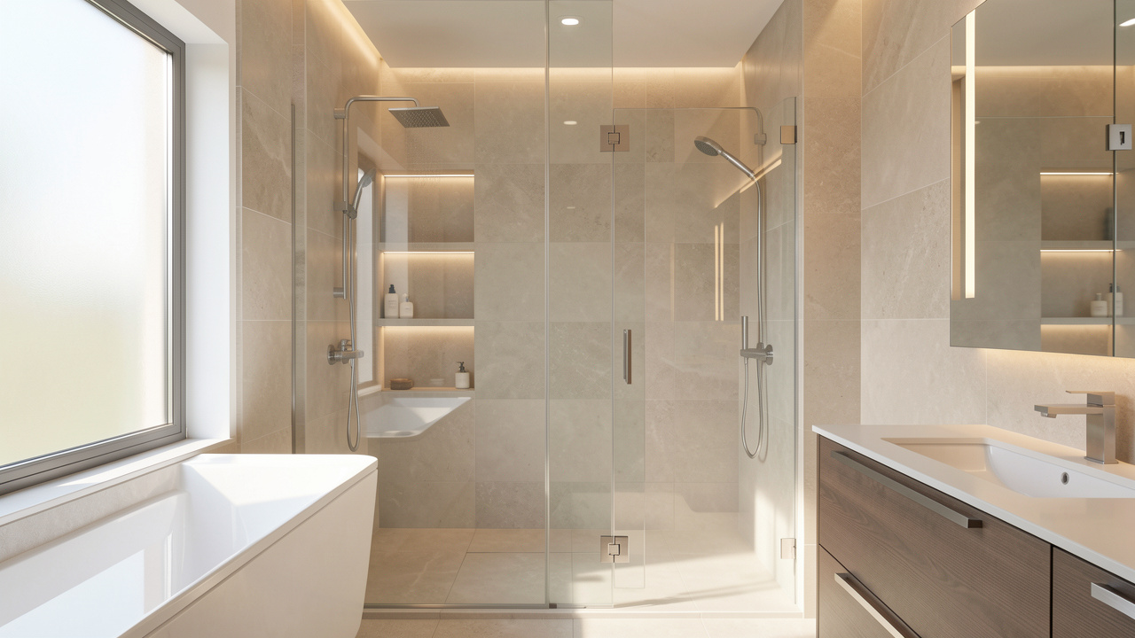 Salle de bain moderne et lumineuse avec une douche vitrée, des rangements élégants et une ambiance chaleureuse grâce à un éclairage discret.
