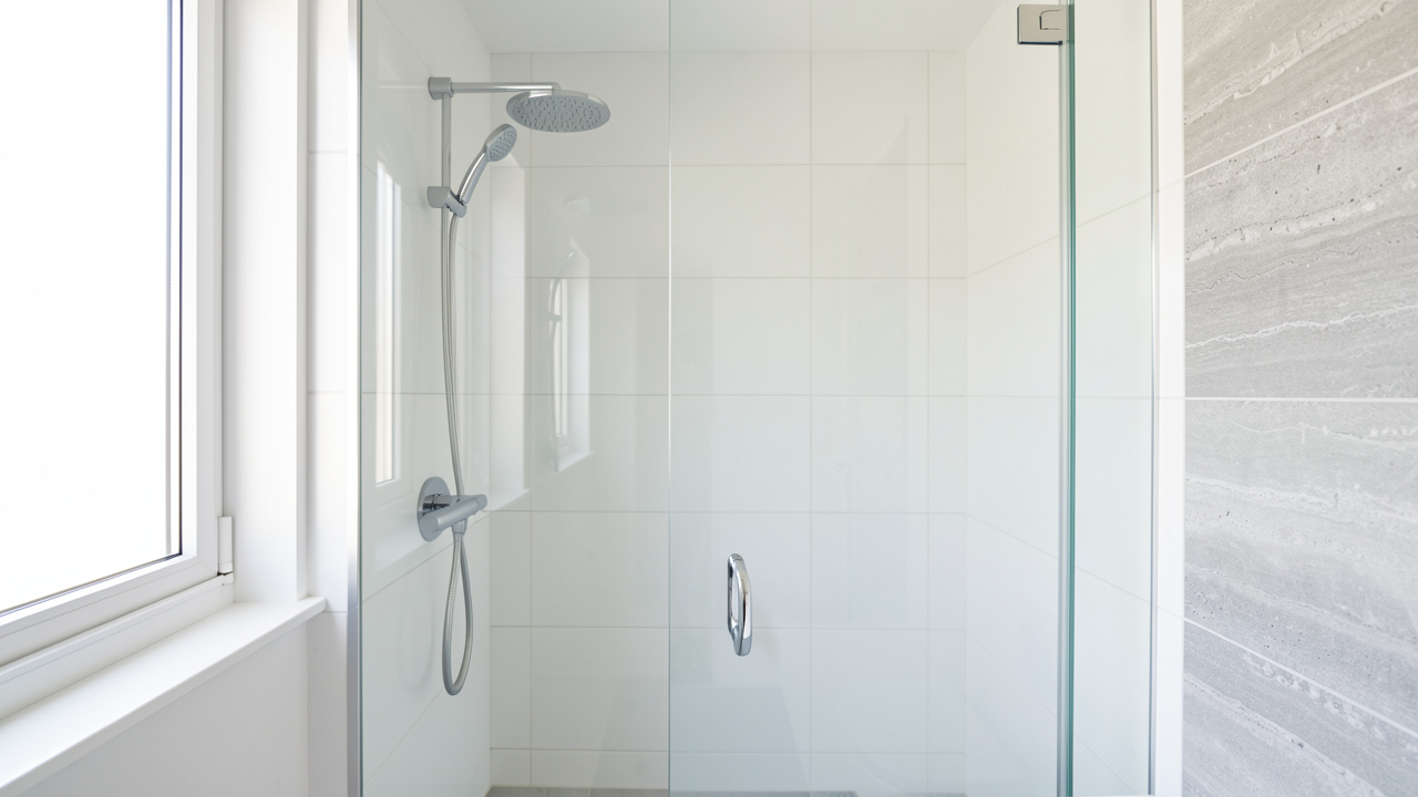 Salle de bain moderne et lumineuse avec douche en verre et robinetterie chromée, ambiance propre et minimaliste.