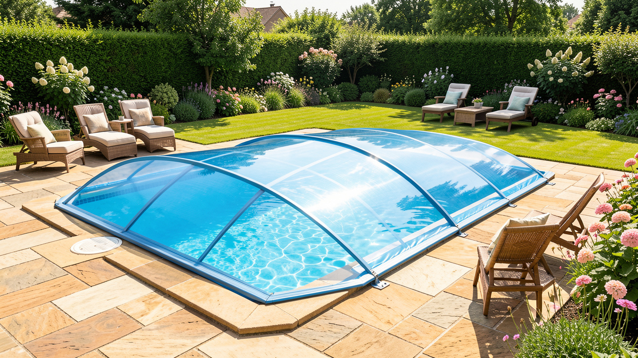 Piscine familiale recouverte d’une bâche à bulles bleue dans un jardin ensoleillé, vue réaliste depuis la terrasse.