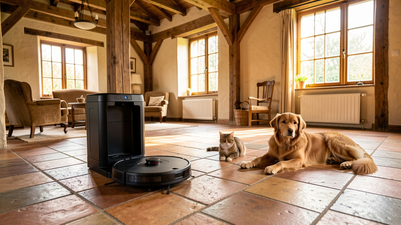 Aspirateur robot noir avec station de vidage sur un sol carrelé dans une grande maison de ferme lumineuse, accompagné d’un chien détendu et d’un chat curieux.