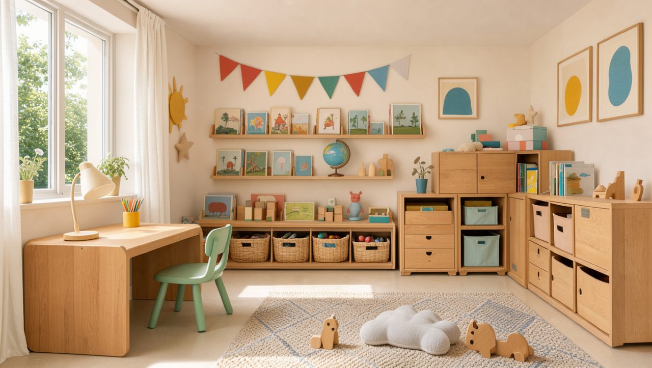 Chambre d’enfant lumineuse et évolutive avec rangements en bois, bureau, tapis doux et décoration colorée.