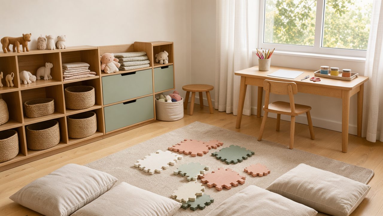 Chambre d’enfant lumineuse et évolutive avec rangements modulables en bois, bureau compact, espace de jeu, coussins et décoration douce aux teintes pastel.