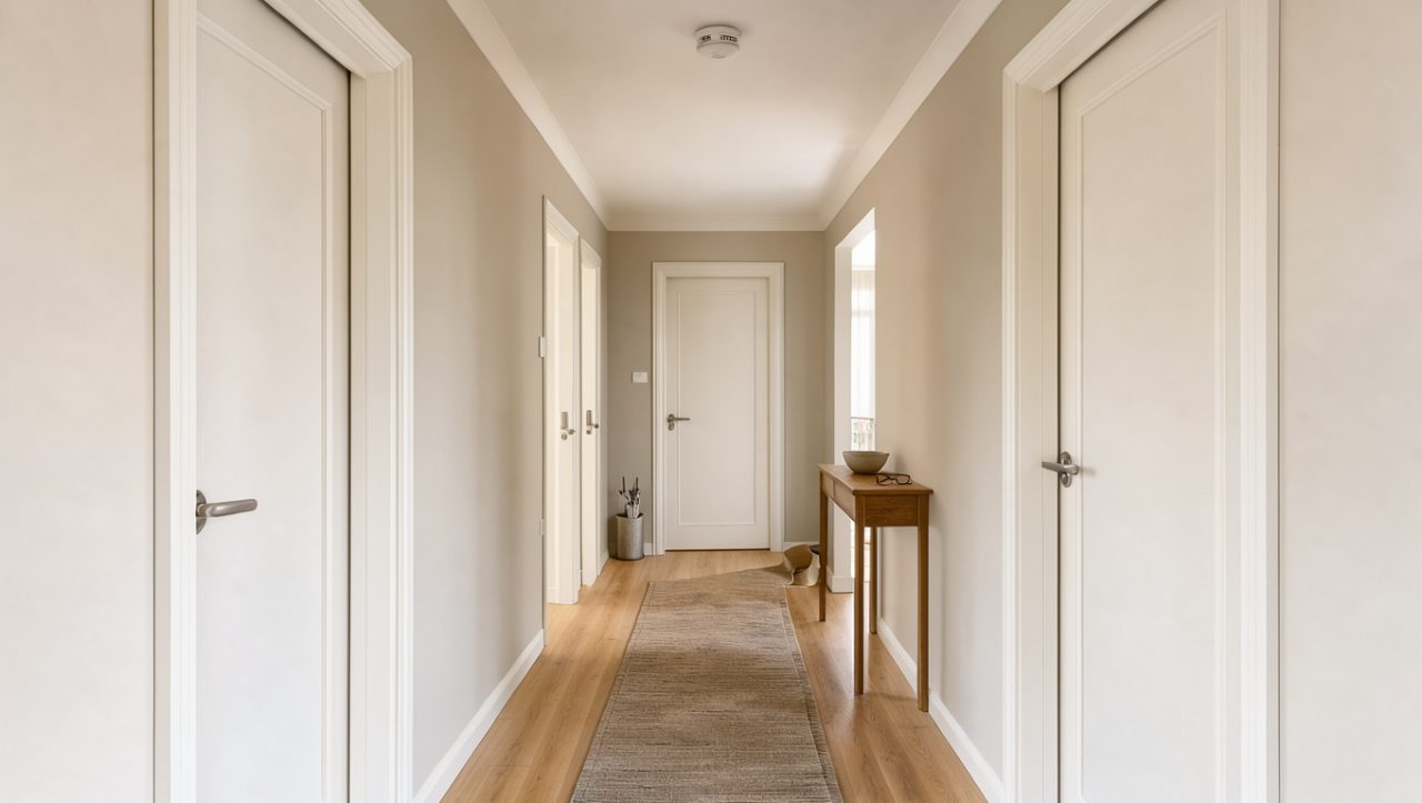 Intérieur lumineux d’une maison familiale montrant un détecteur de fumée blanc fixé au centre du plafond d’un couloir près des chambres.