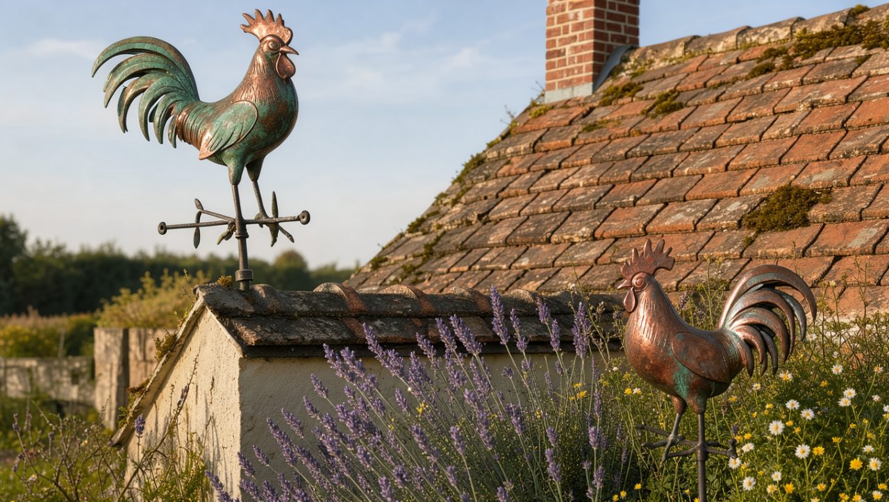 Girouette décorative en forme de coq installée sur le toit d’une petite maison, avec une version assortie dans un jardin fleuri.
