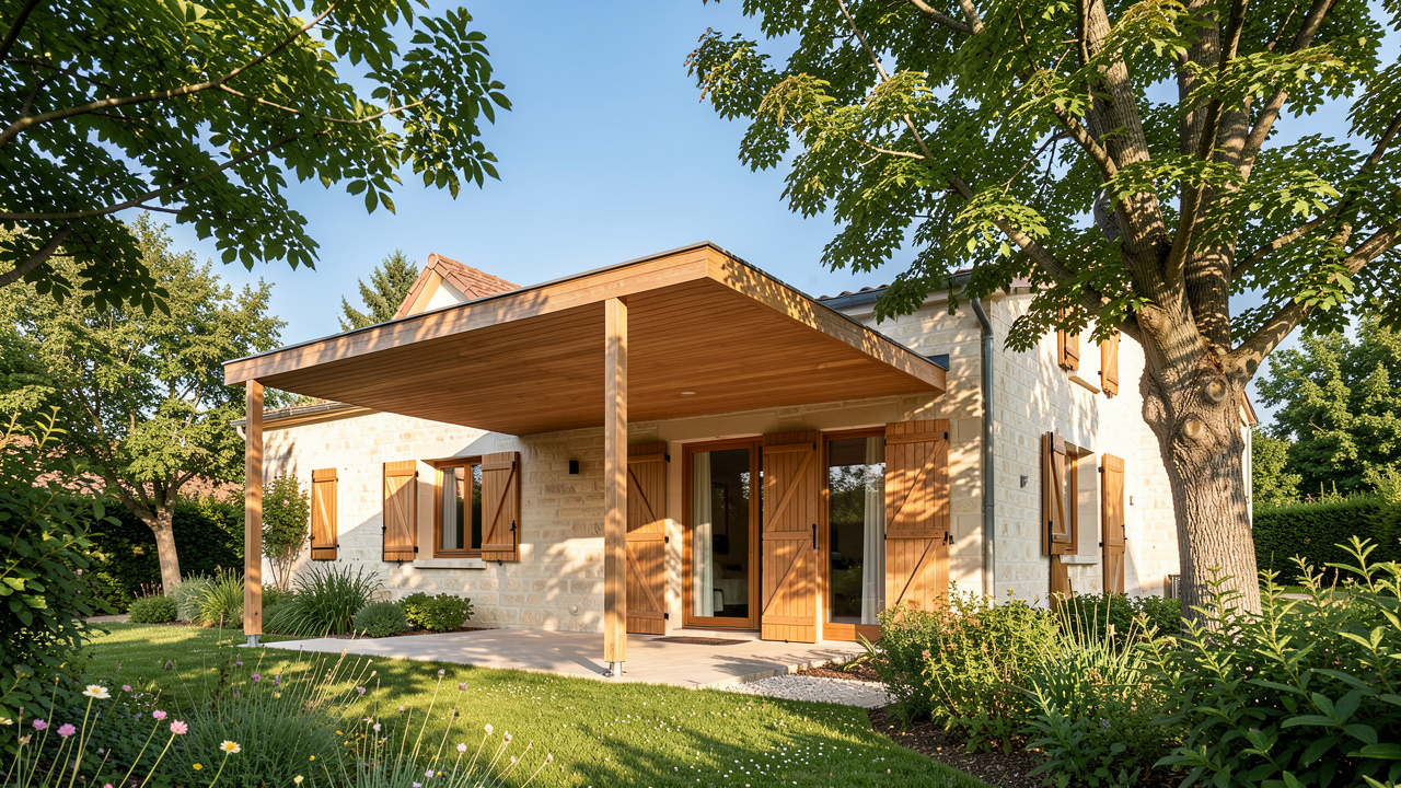 Maison contemporaine bioclimatique en Poitou, avec une façade sud protégée par une large casquette, des volets en bois et un arbre caduc dans une lumière estivale réaliste.